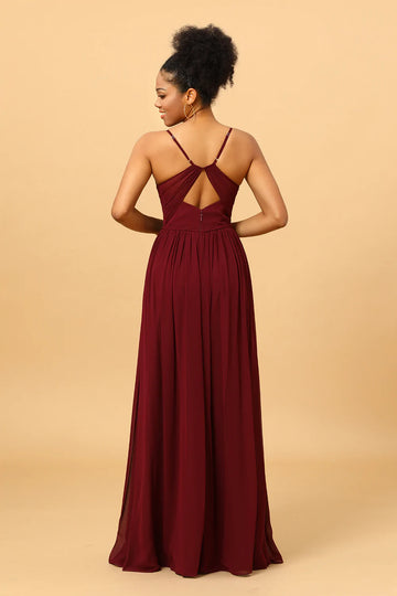 A-Line Chiffon Burgund brudepike kjole med spalte